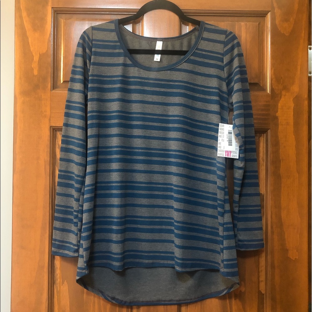 NWT LuLaRoe Lynnae Long Sleeve tee- Dark Grey with Deep Dark Teal Stripes